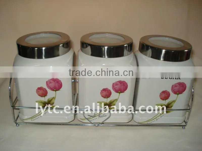 3pcs ceramic tea canisters with iron stand