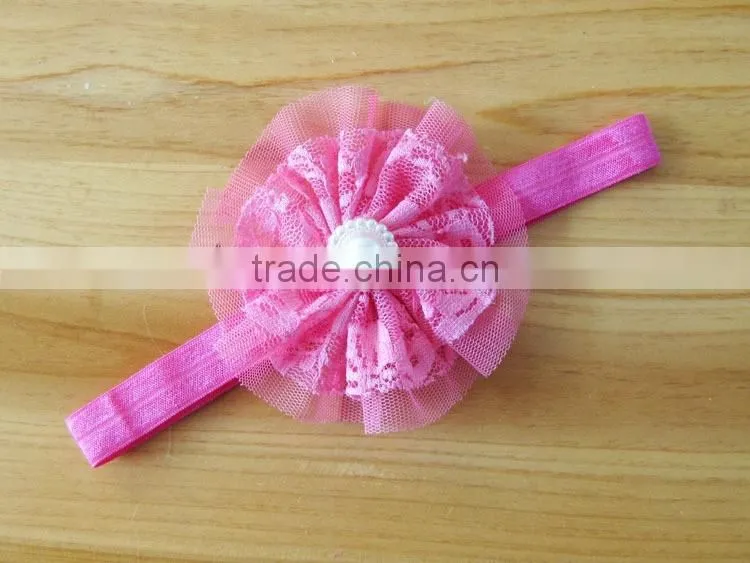 lace flower headband with pearl rhinestone in center for kids hair accessories