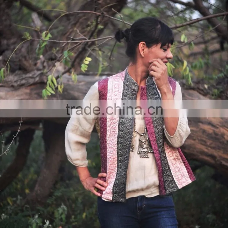 Vintage Kantha Vest in Beautiful Pink Saree Border Patchwork ~ Medium