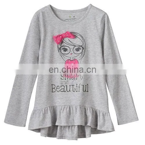 Hot Sale Cute Girl Dresses, One piece Girls 4- 8 Long Sleeve Ruffled High-Low Tee