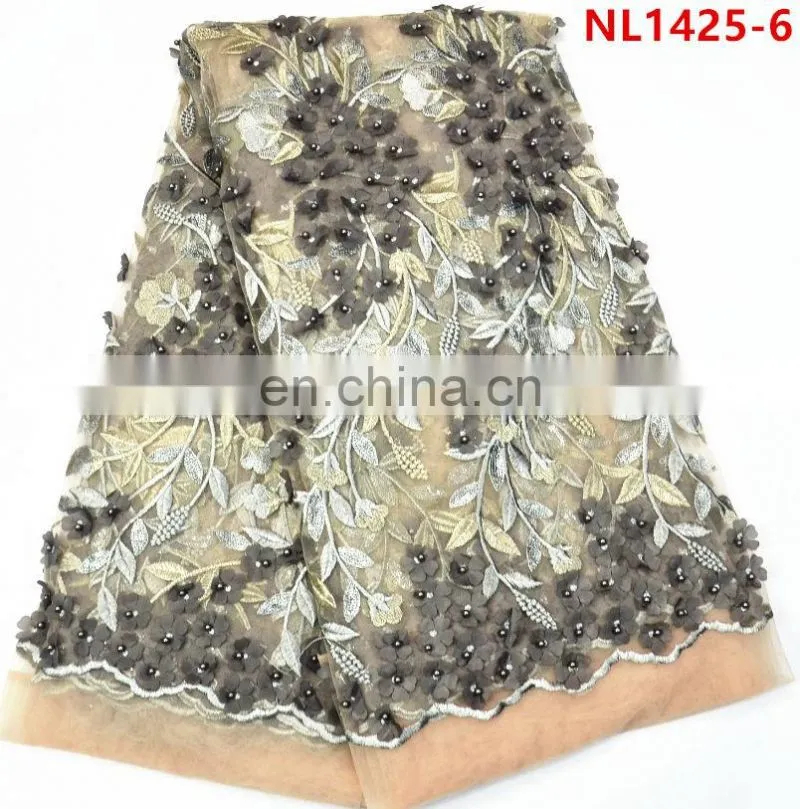 2017 sky blue african lace fabrics tulle beaded lace , Leaf Design sequins french net lace fabric