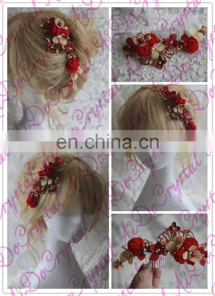 Aidocrystal marsala burgundy hair accessory red floral hair comb hair flower with leaves wedding fascinators for women
