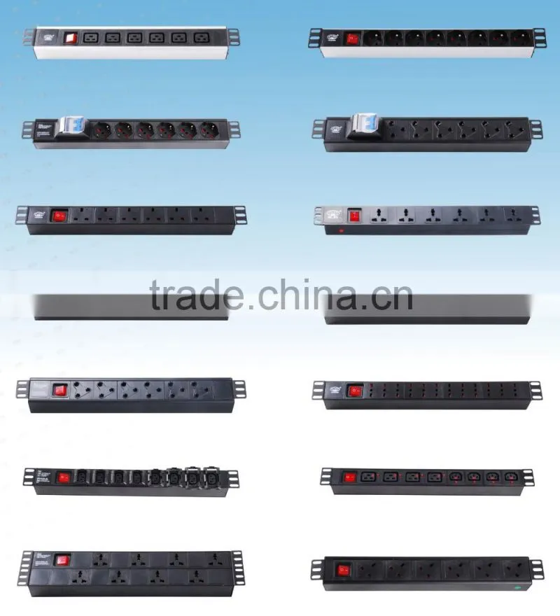 16A 19"1U 6 ways with switch and overload protection Universal type PDU Power Distribution Unit