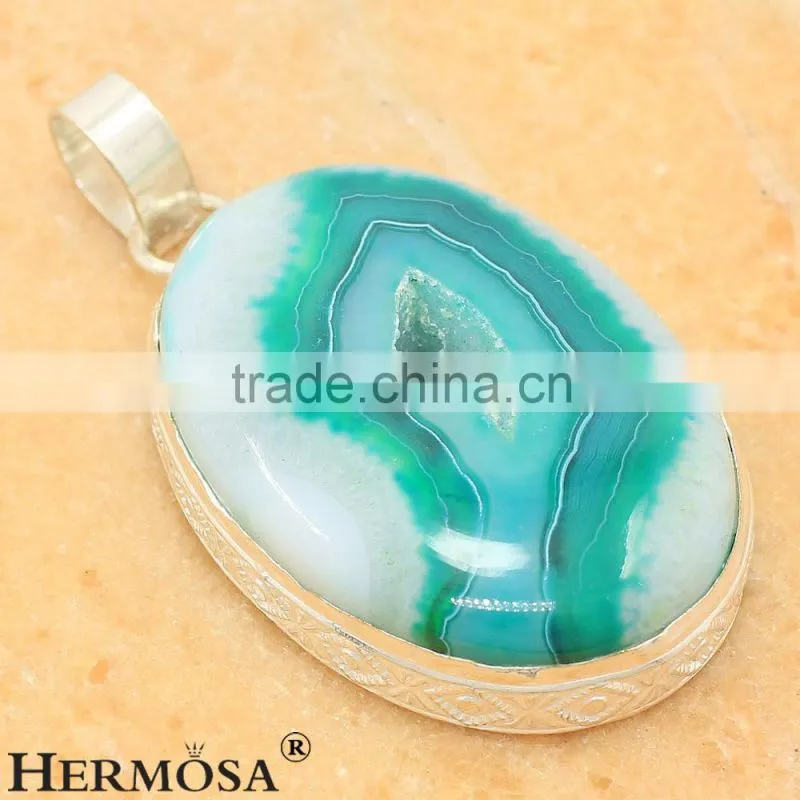 Natural Hole Druzy Drusy Agate Oval 925 Sterling Silver Necklace Pendants 3 1/4 inch F356 FREE SHIPPING