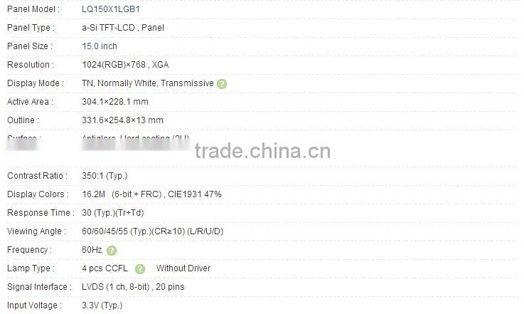 15.0 inch LQ150X1LGB1 a-Si TFT-LCD Panel For SHARP