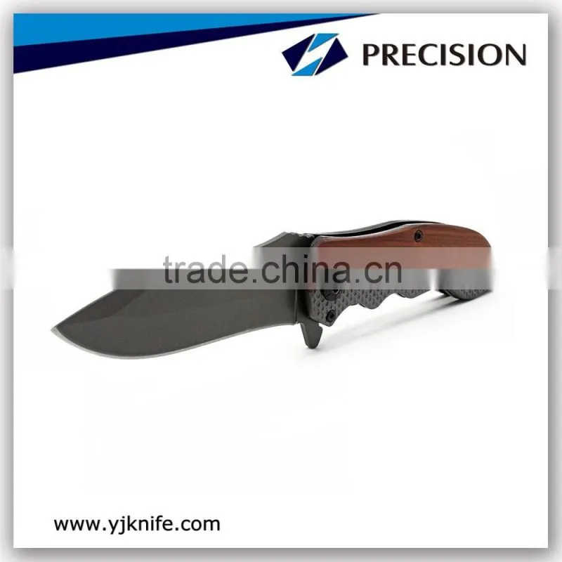 Titanium coating folding pocket knife with wooden handle and belt clip