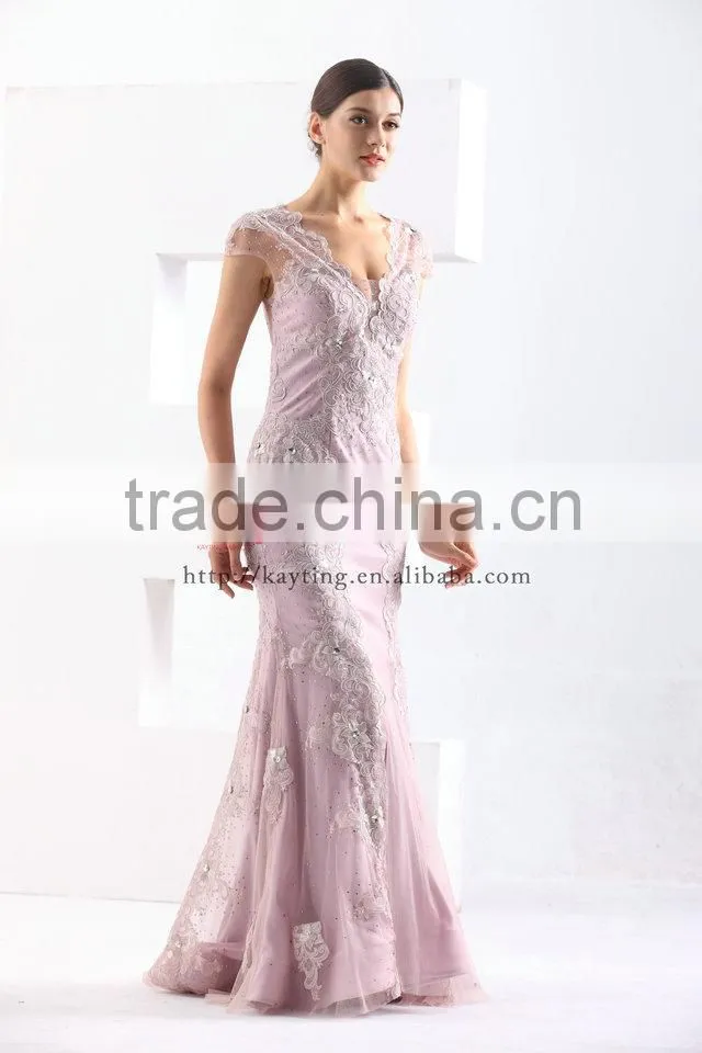 Gorgeous V-neck Cap Sleeve Pretty Appliqued Beaded Sequins Real Sample Prom Dress