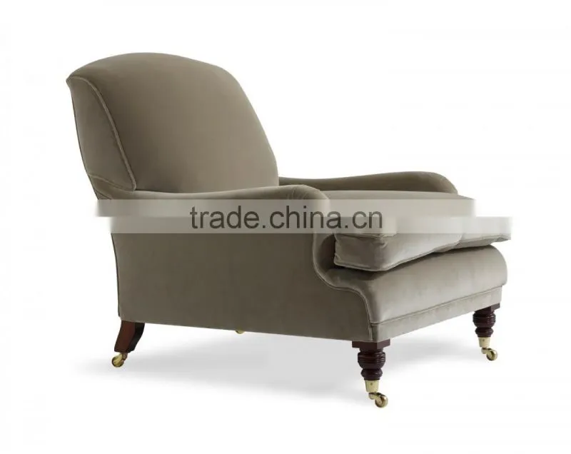 cheap bedroom furniture grey velvet fabric single sofa chair lounge chair with copper wheels foot