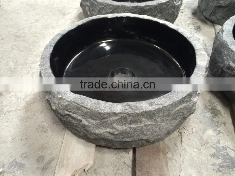 best price Shanxi black granite stone bathroom sink with natural outside