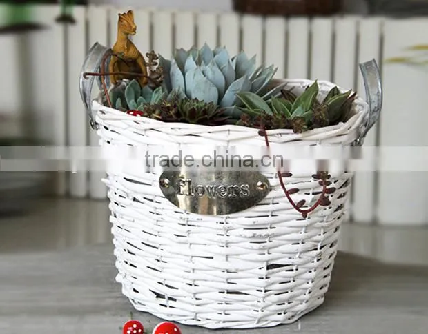 Handcrafts round white wicker baskets for plants white handles