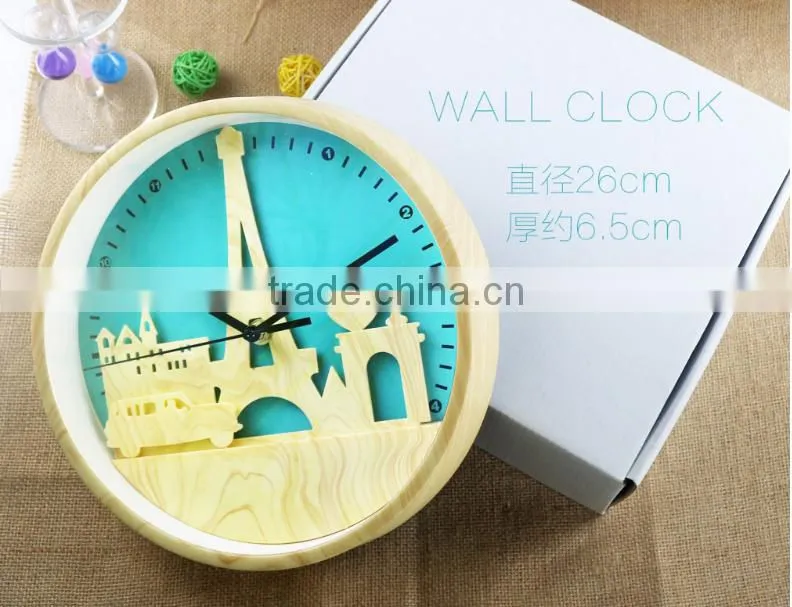 Fashion 10" Wood Color Clock With Iron Tower Shape, Creative Mute Wall Clock For Decoration