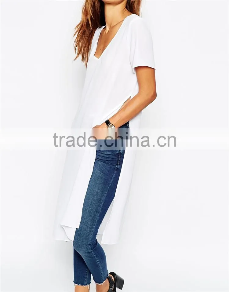 Girls longline plain white v neck 100 cotton white t shirt