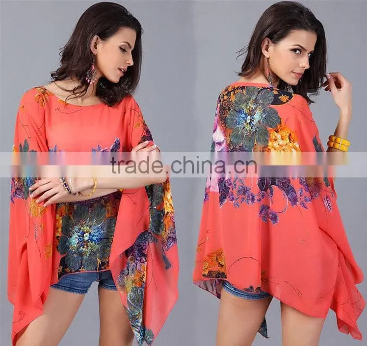 Women clothing 2016 Fashion Bohemian Flower Print women top Batwing Sleeve Chiffon Vintage Style Summer women blouse Plus Size