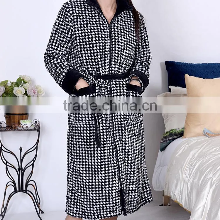 Houndstooth printed coral fleece long style zipper reversible bathrobe