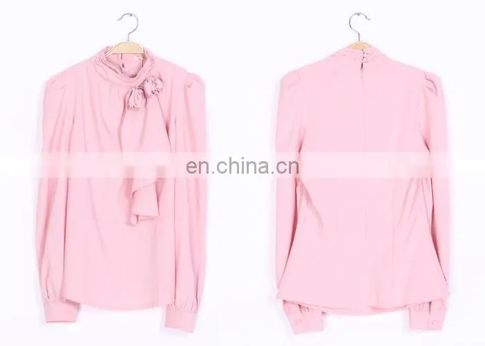 Sweet Color Pink Pleated Long Sleeves Stand Collar Back Zipper Lady Shirts Blouse