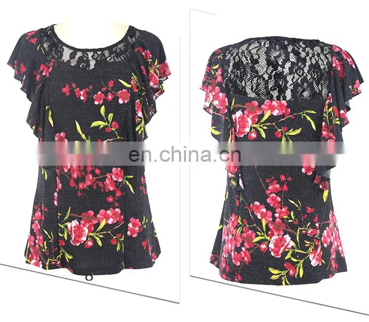 One piece two color Floral Lurex Mesh Print Irregular sleeve casual blouse for middle age woman