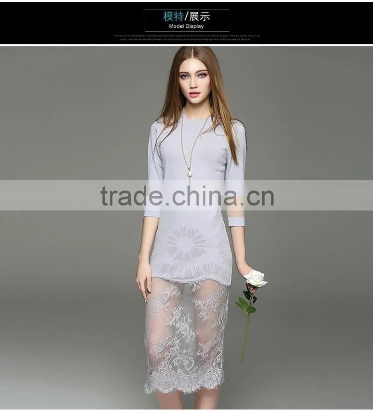 2017 hot new lady hollow knit dress half sleeve slim hip long lace dress with lace hem
