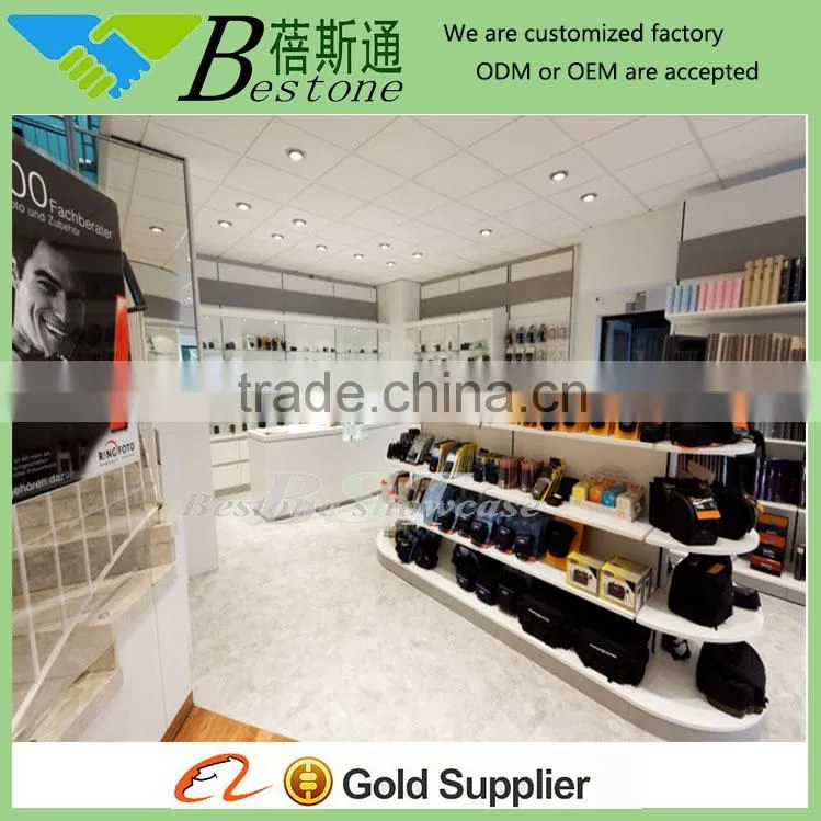 Commercial oval white mdf slatwall display gondola shelving for retail bag store