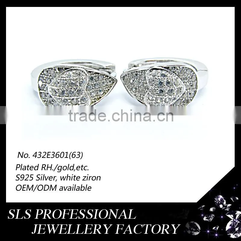 2015 Fashion American style heart shape 925 sterling silver white gold plated huggie earrings for women
