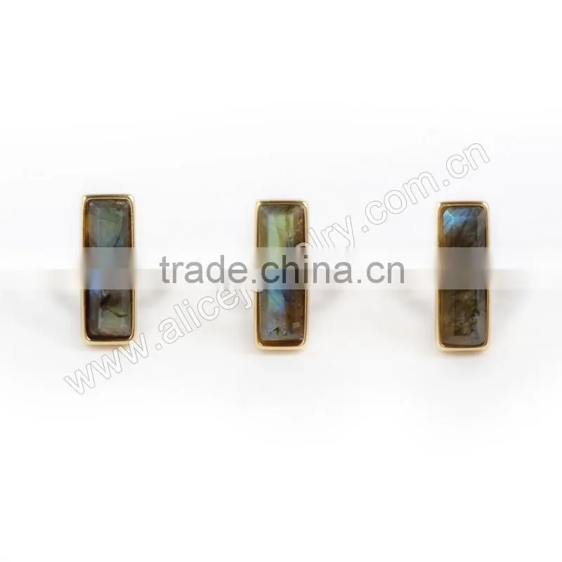 Natural faceted rectangle labradorite gemstone set into a 18k gold bezel ring
