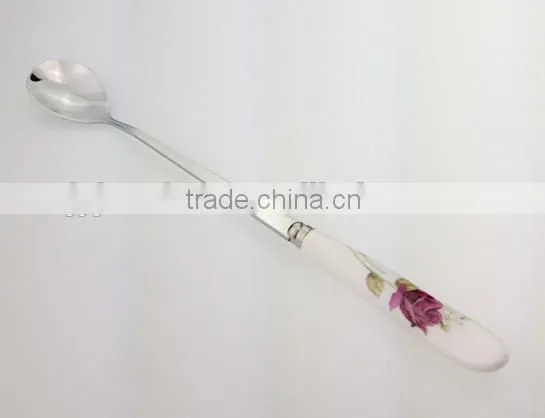 Children stainless steel round spoon with pretty rose ceramics handle