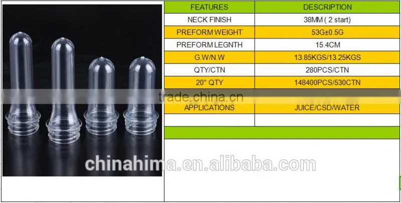 plastic bottle preform 38MM (2 START) transperant53gs PET for 1000-1600ML drink/juice bottle in medium temperature filling