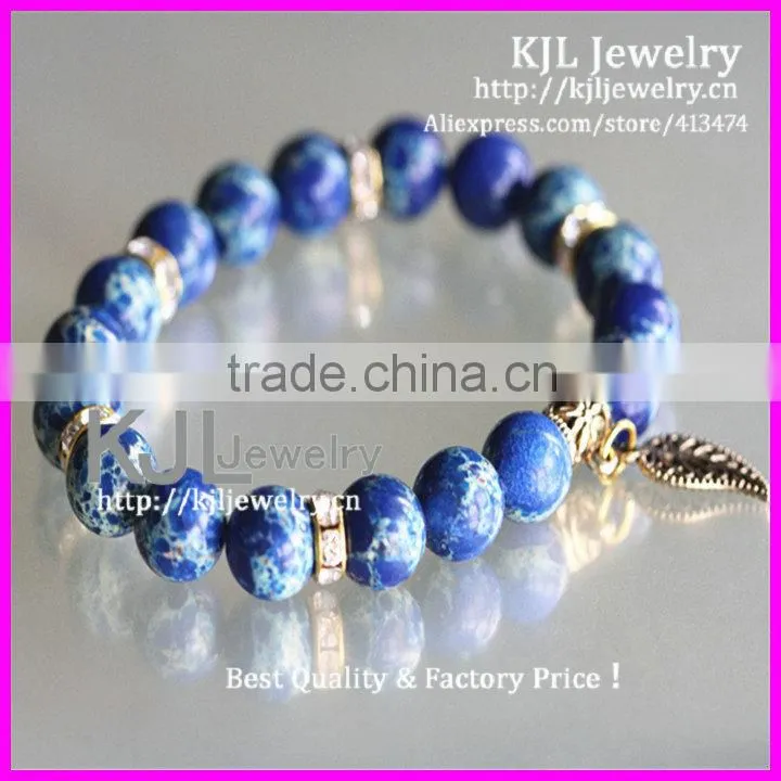 KJL-A0226 Hot New Natural 8MM Turquoise Stone Beaded Bracelet,Gold Metal Leaf Shape Charm Pendant Bracelet