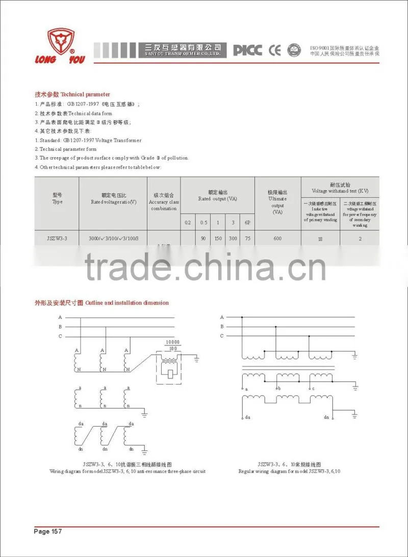 JSZW3-6,10 three phase Voltage Transformer