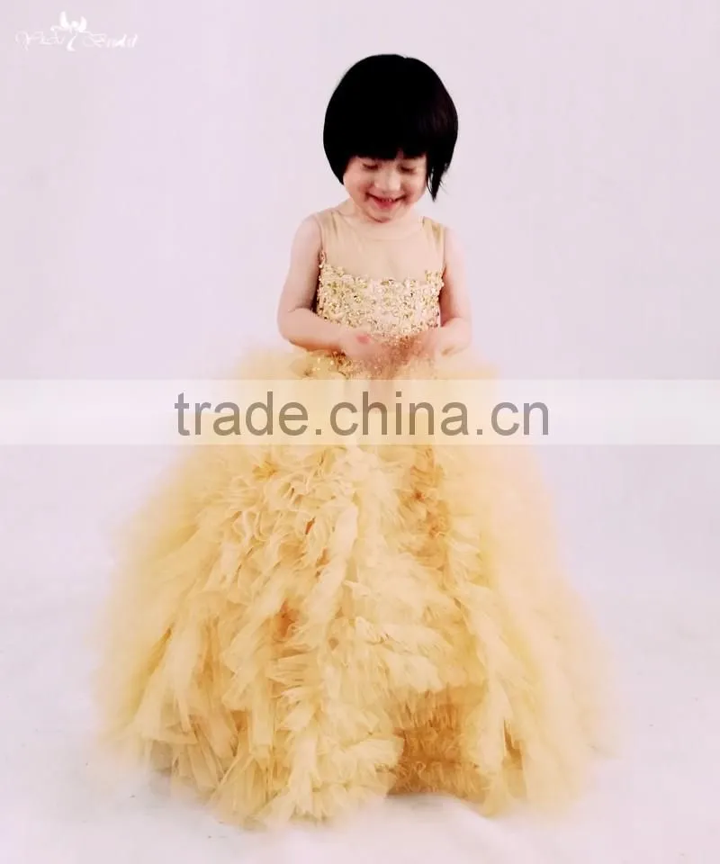 FG6 Real Sample Pictures Puffy Tulle Skirt Gold Flower Baby Girls Long Children Wedding Dresses