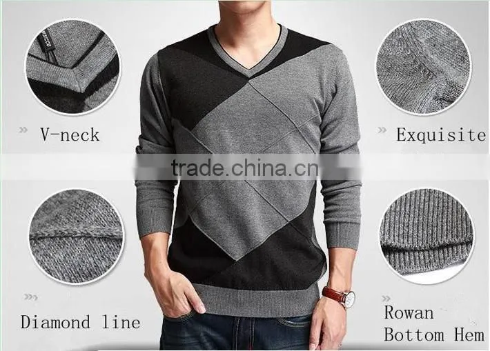2014 new fashion design mens leisure style knit sweater ,v-neck splicing knit colors slim-fitting sweaters