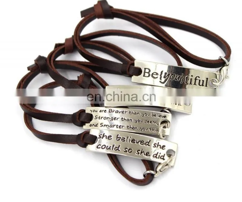 High quality stainless steel jewelry fashion bracelet customerized engrave messages leather bracelet