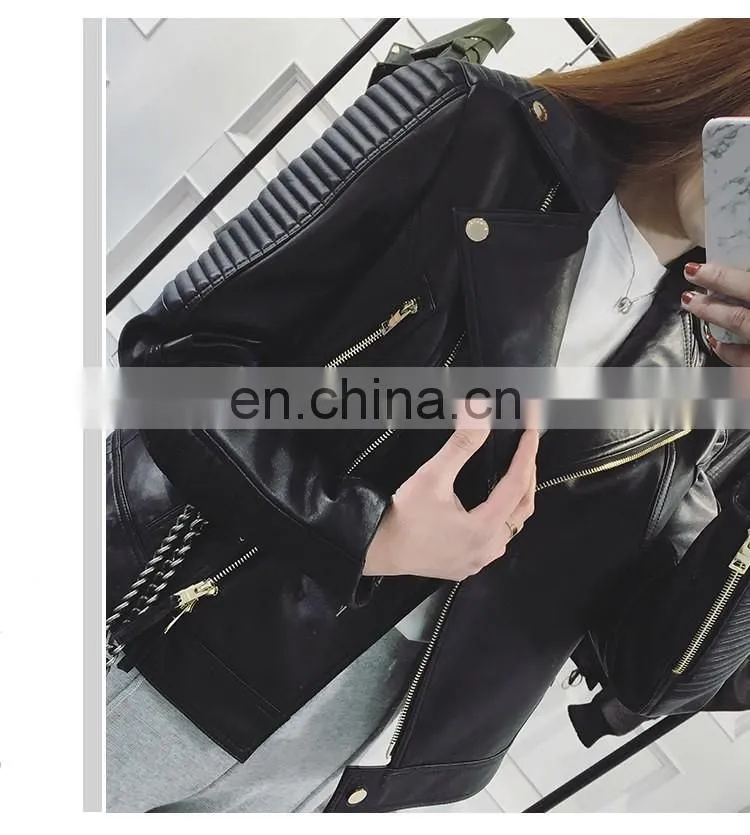 Wholesale Spring Female Long Sleeve Short Beaded Motorcycle Jacket Excelled Leather Jacket