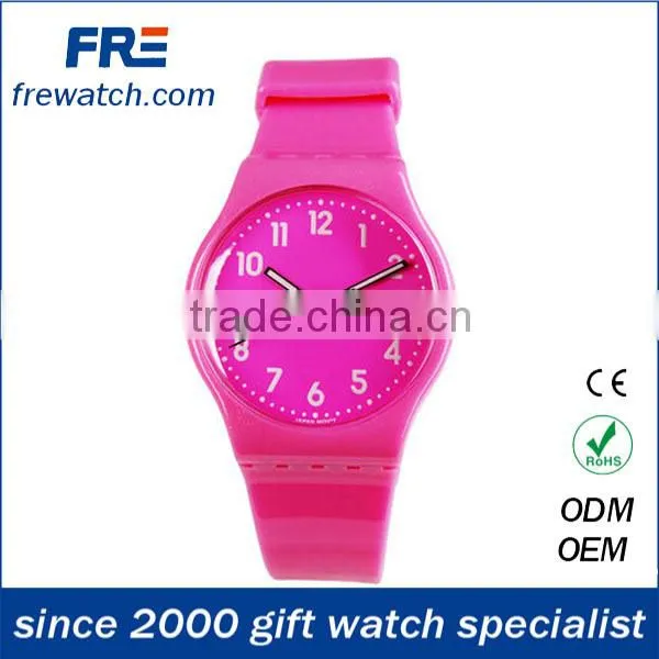 fashion colorful water resisting plastic watch with pvc strap and stainless steel back