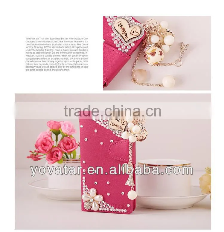 2014 New design pearl diamond card holder pu leather wallet case for iphone5