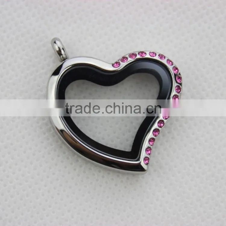 30mm Stainless Steel Silver Pink Rhinestone Magnetic Oblique Heart Floating Locket Key Chain Keychain