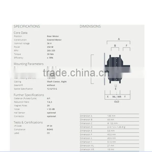 CE approved and hot sales bafang SWXH6 CST rear hub motor (RM G12.250.DC )