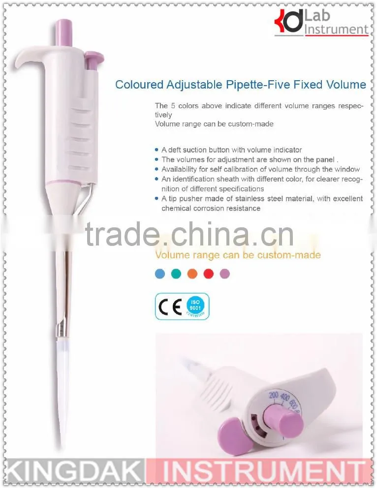 100-500ul Single Channel Coloured Adjustable Pipette-Five Fixed Volume