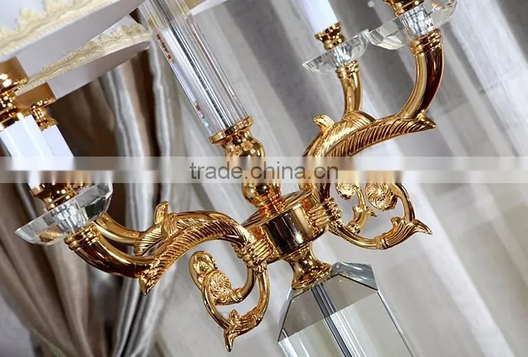 Four heads golden plated metal clear K9 crystal floor lamp with white color lampshade