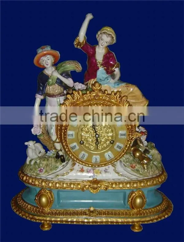 European Royal Noble Figurine Ceramic Table Clock, Gold Plated Cast Brass Mounted Table Clock