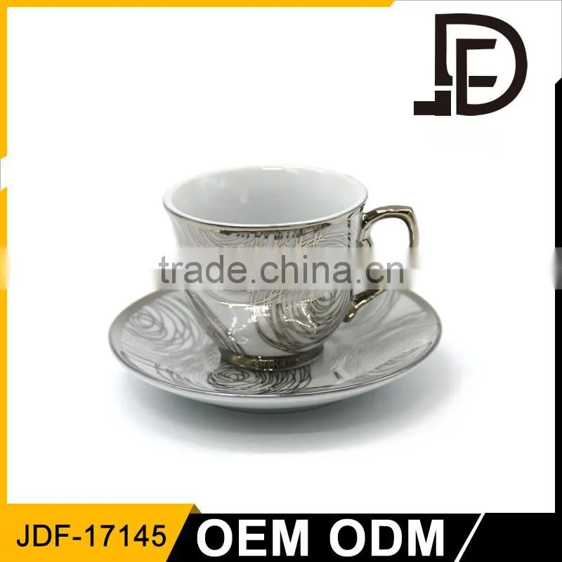 Custom silver printed coffee mug ceramic cup and saucer