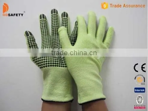 DDSAFETY 2017 Fluorescence Aramid Fibre Knitted Black PVC Dots On The Palm Cut Resistant Safety Gloves