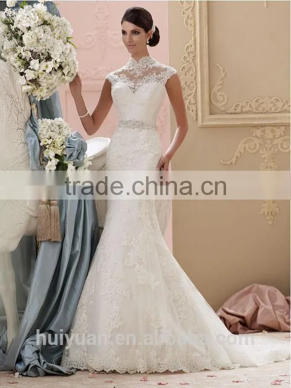 mermaid hollow cap sleeve lace wedding dress with high collar