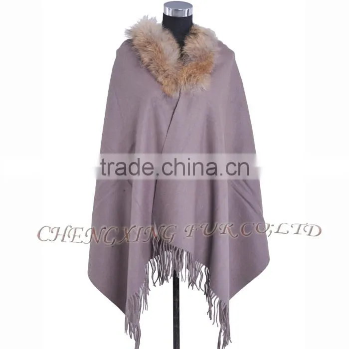CX-B-P-44F Ladies Latest Design Genuine Raccoon Fur Collar Wool Cashmere Fringed Pashmina Shawl