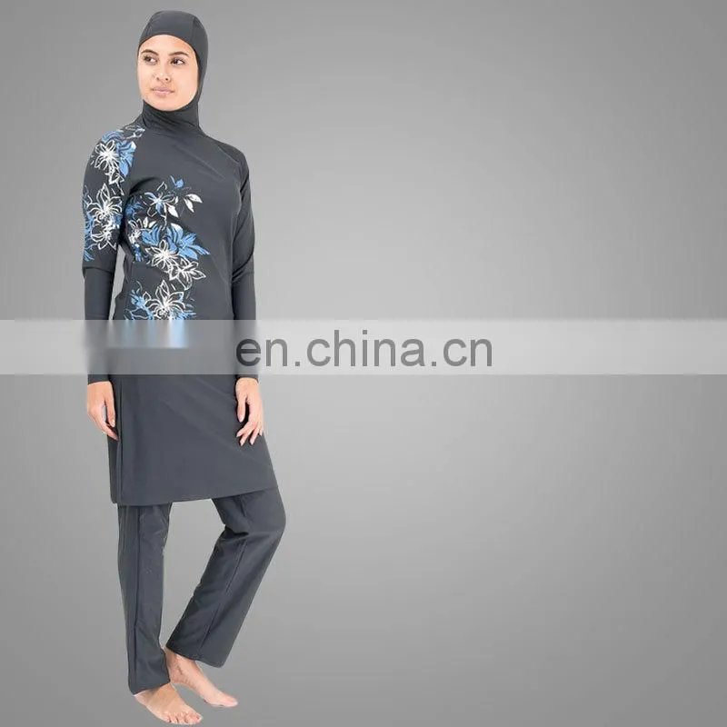 Latest Fashion Muslim Swimwear Two Pieces Women Lycra Material Floral Printed Navy Swimsuits With Hat Full Cover Swimsuit