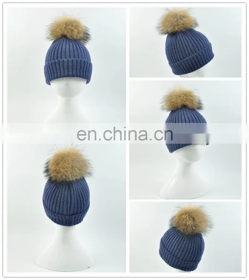 Kids Funny Hat With Big Genuine Raccoon Fur Ball Winter Knit Hat Baby Crochet