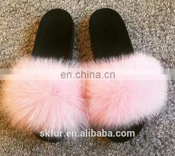 Factory wholesale fluffy and soft real fox fur slippers for women