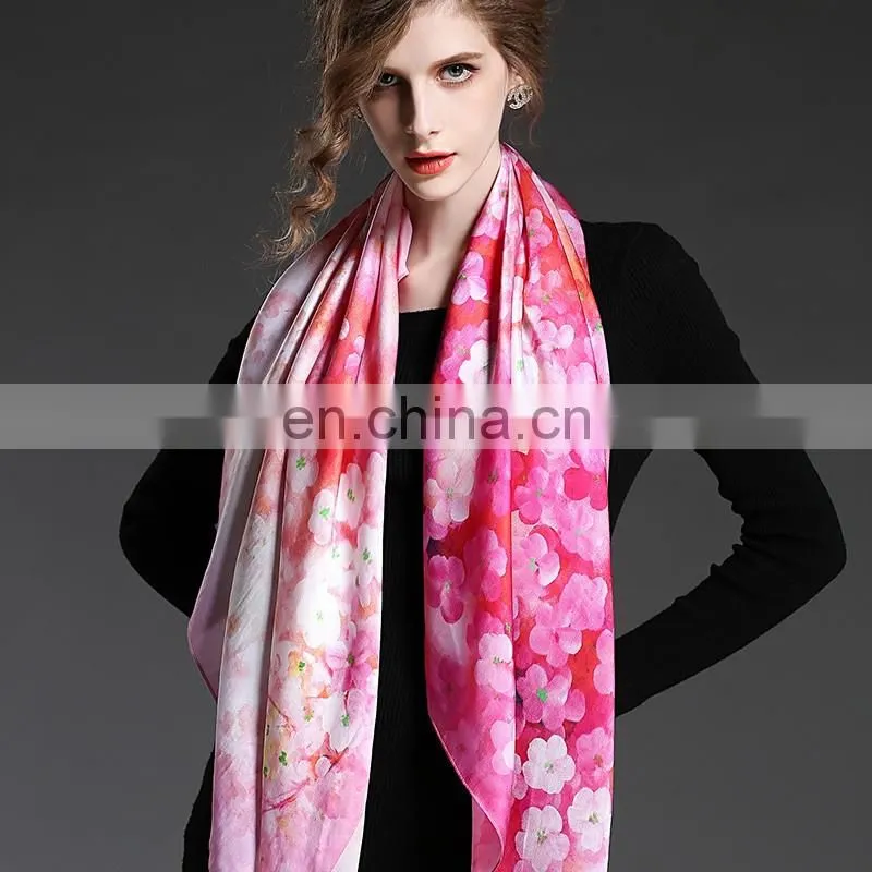 Pink silk square scarf for women with flowers