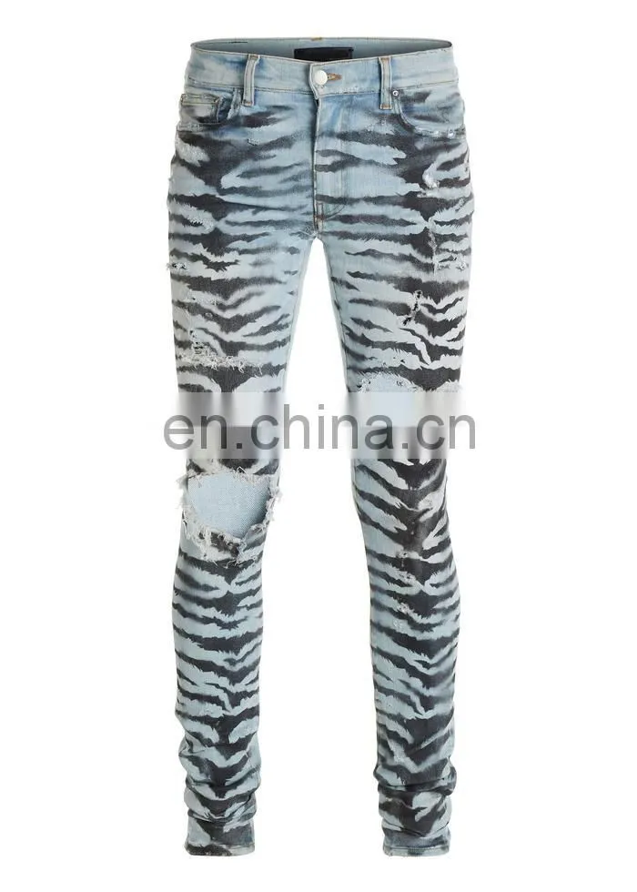 DiZNEW Tiger Pattern Destruction Skinny Denim Jeans Men for Male