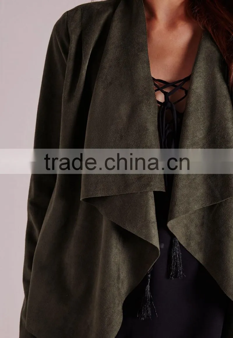 2015 Women Winter Short Waterfall Faux Suede Jacket
