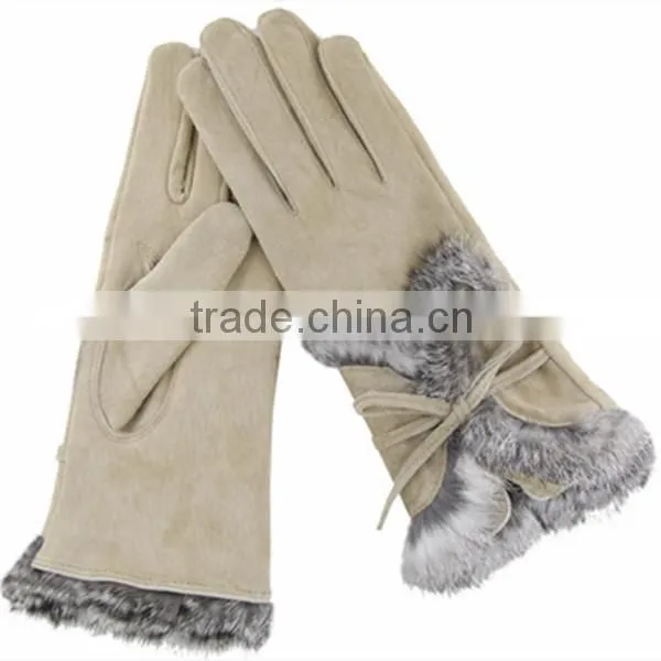 Women pigsplit warm winter leather gloves with rabbit fur